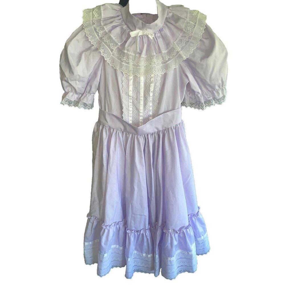 Mini World Full Circle Easter Party Dress Size 8 Lilac White Lace Vintage USA